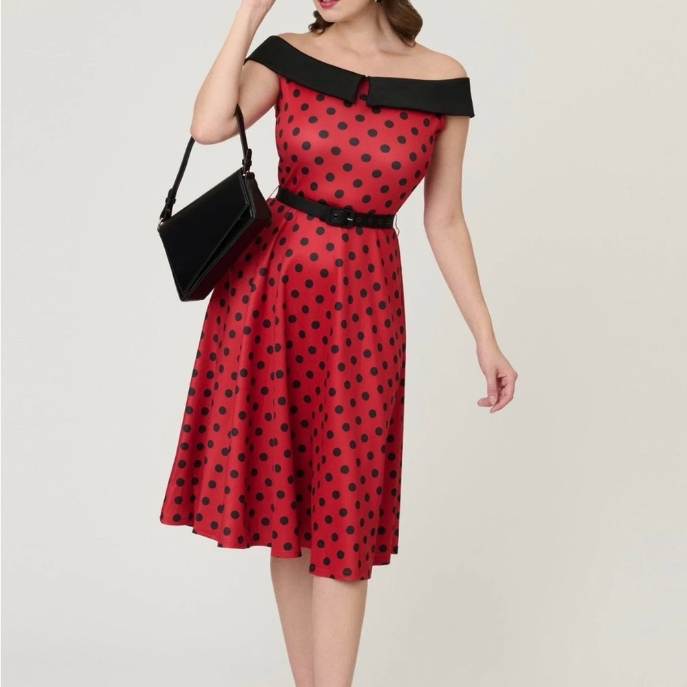 Unique Vintage Red and Black Polka Dot Off-Shoulder Midi Dress